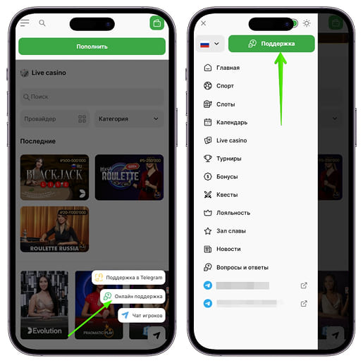 Интерфейс для перехода в живой чат